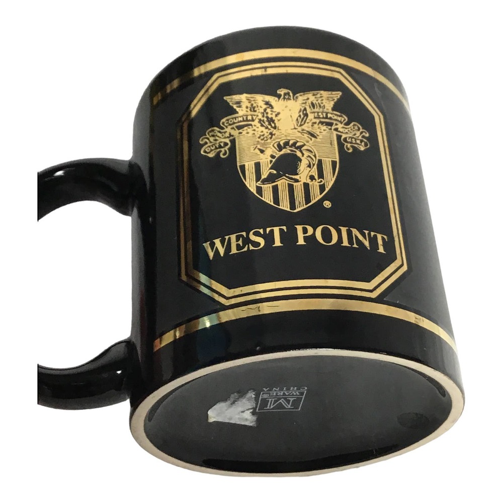 West Point Logo Crest Mug Coffee Cup Black Gold Embossed M Ware 3.75” Tall